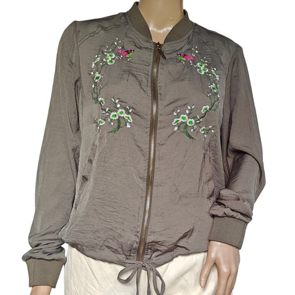 Janina Floral Embroidered Bomber Jacket Olive Zip Drawstring Hem S